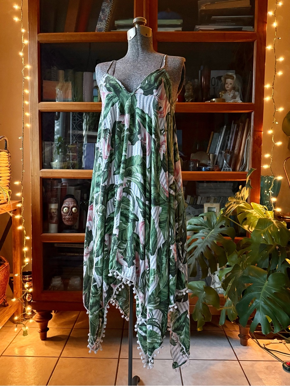 Tropical Leaf Print  Beach Cover Up Dress Green and Pink Floral Women’s Small